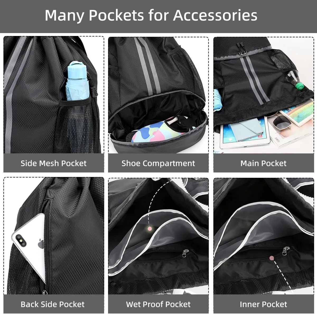 Valleycomfy Sports Drawstring Backpack - Water Resistant String Bag with Side Mesh Pockets Shoe Compartment Gym Backpack for Women & Men Navy Blue