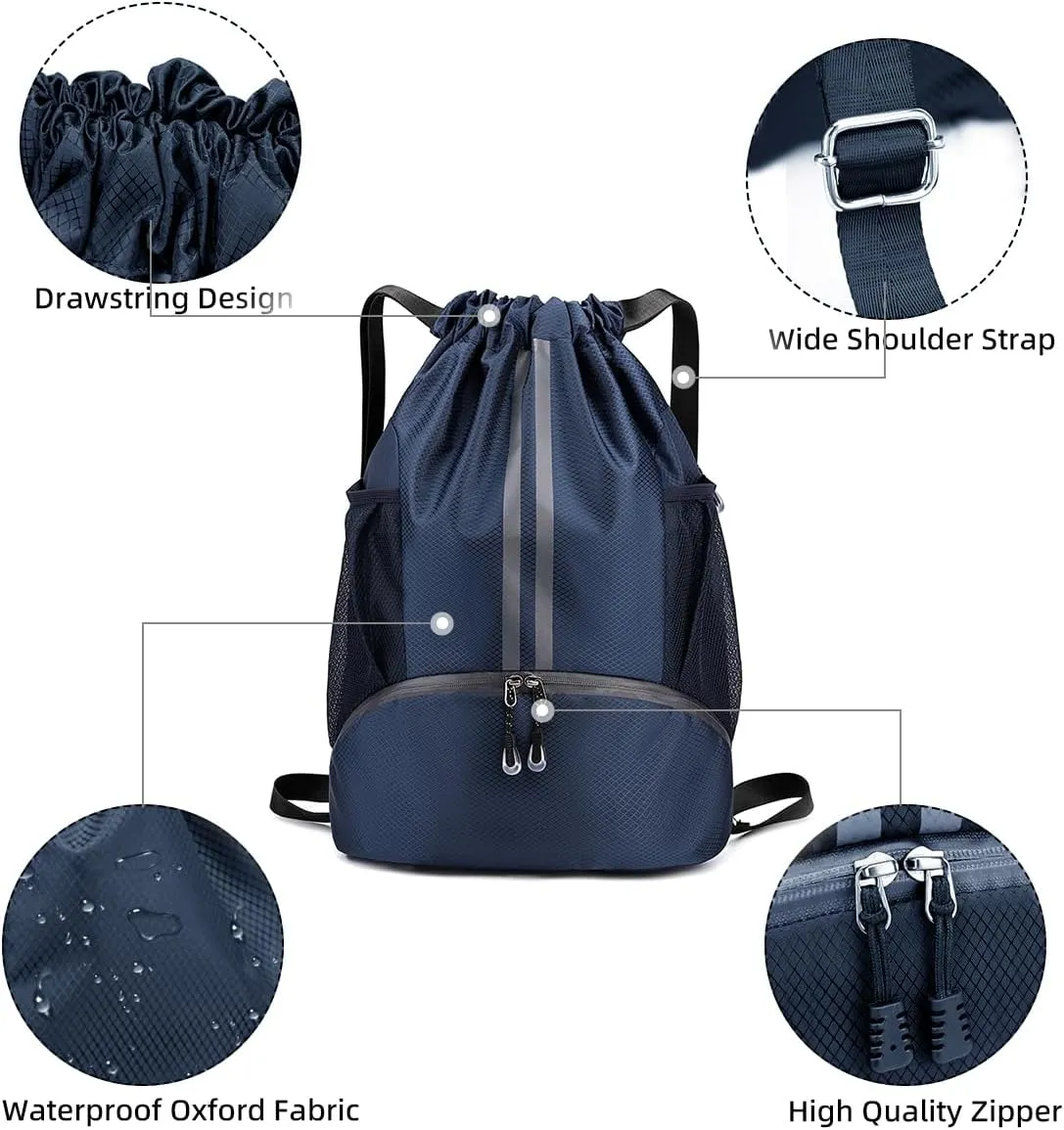 Valleycomfy Sports Drawstring Backpack - Water Resistant String Bag with Side Mesh Pockets Shoe Compartment Gym Backpack for Women & Men Navy Blue