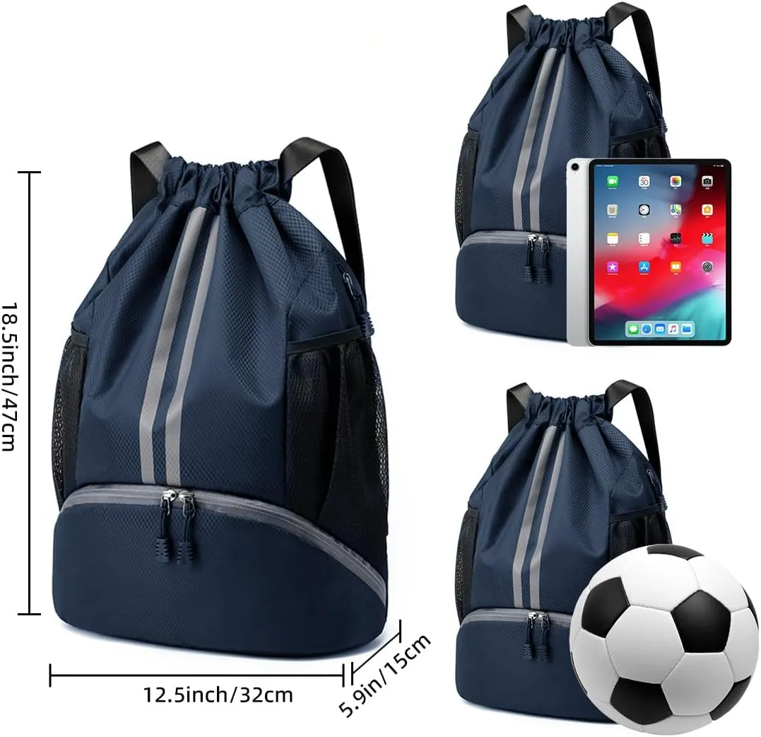 Valleycomfy Sports Drawstring Backpack - Water Resistant String Bag with Side Mesh Pockets Shoe Compartment Gym Backpack for Women & Men Navy Blue
