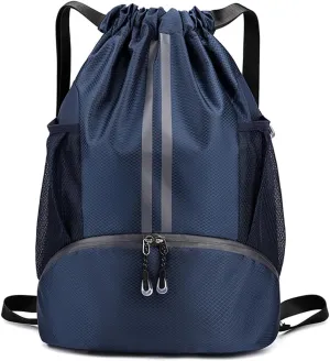Valleycomfy Sports Drawstring Backpack - Water Resistant String Bag with Side Mesh Pockets Shoe Compartment Gym Backpack for Women & Men Navy Blue