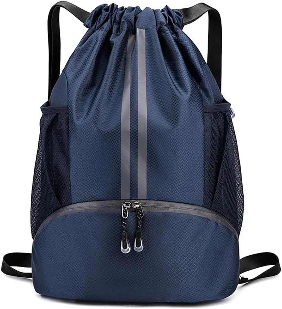 Valleycomfy Sports Drawstring Backpack - Water Resistant String Bag with Side Mesh Pockets Shoe Compartment Gym Backpack for Women & Men Navy Blue