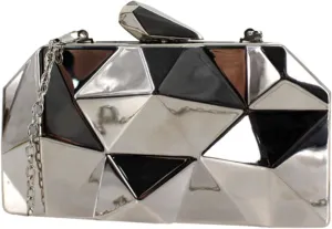 Van Caro Womens Metal Clutch Geometric Evening Handbag Diamond Chain Purse