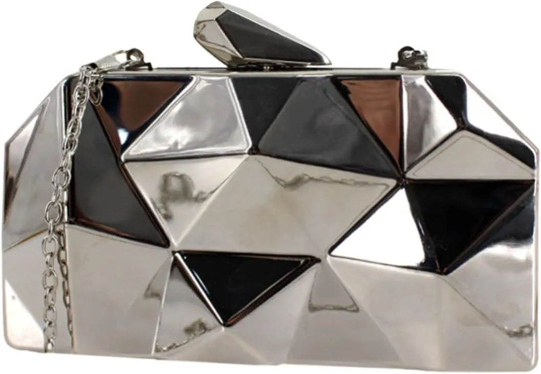 Van Caro Womens Metal Clutch Geometric Evening Handbag Diamond Chain Purse