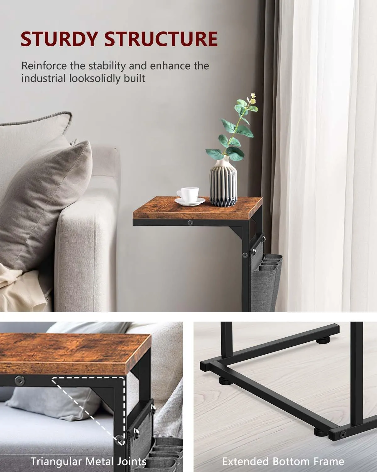 Vantic C Shaped End Table Set of 2, Small Side Table for Couch and Recliner, Slide Under Sofa Tray Desk with Storage Bag for Living Room and Bedroom, Rustic Brown