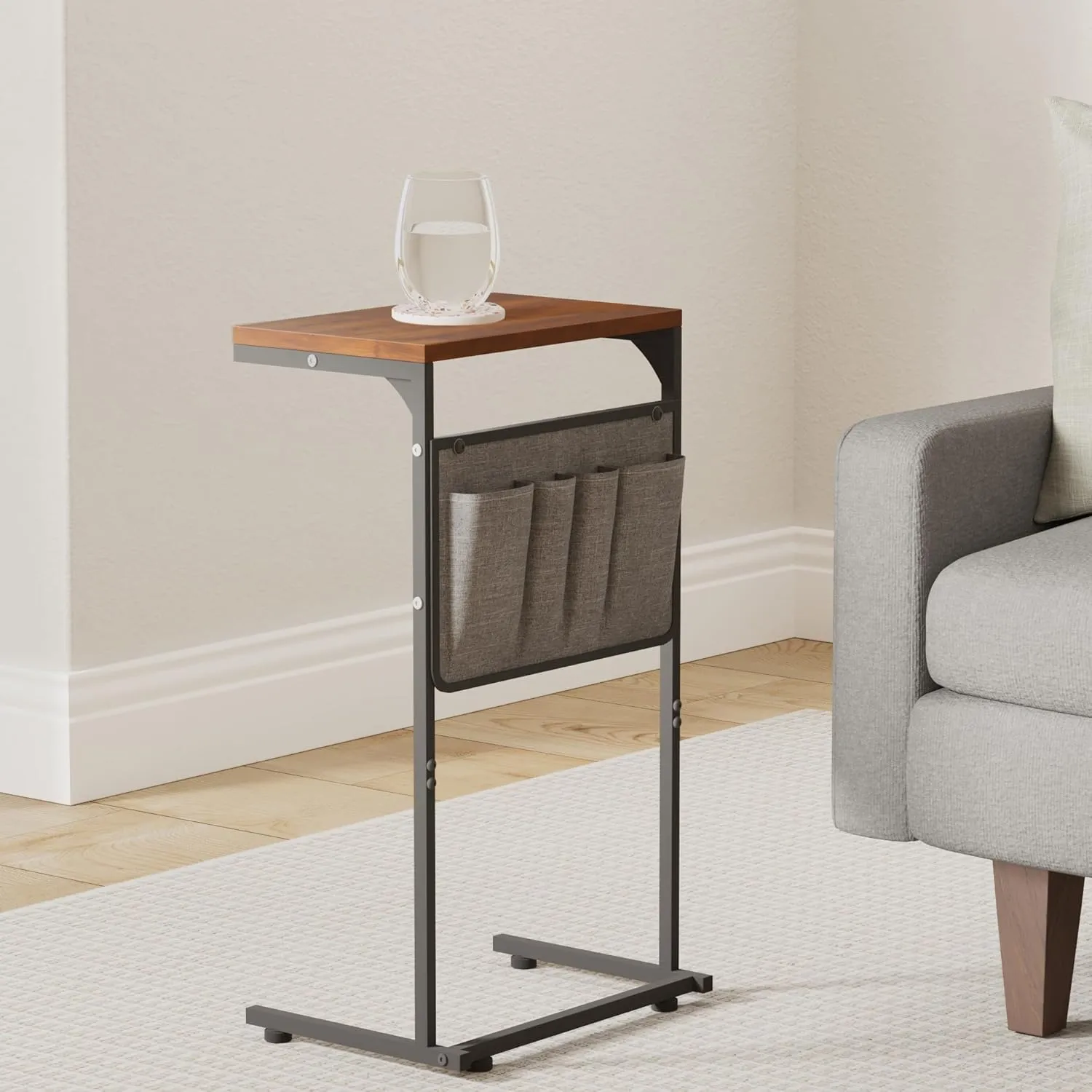 Vantic C Shaped End Table Set of 2, Small Side Table for Couch and Recliner, Slide Under Sofa Tray Desk with Storage Bag for Living Room and Bedroom, Rustic Brown