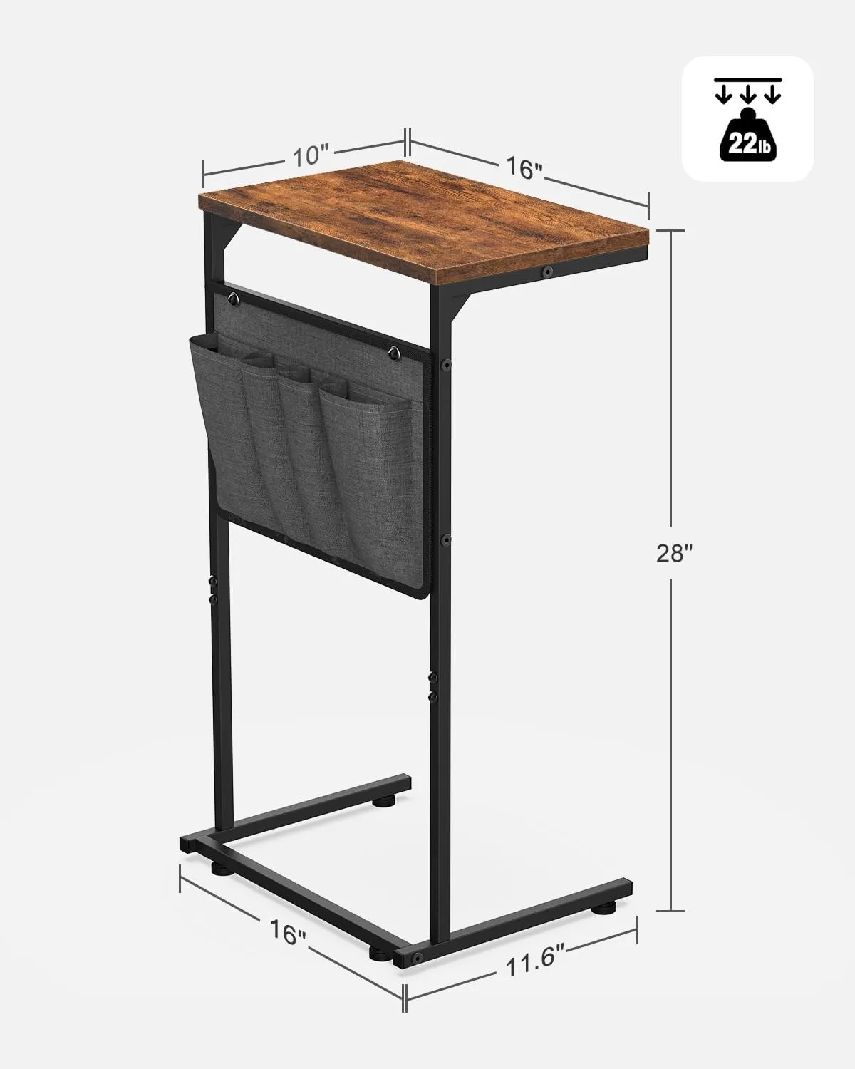 Vantic C Shaped End Table Set of 2, Small Side Table for Couch and Recliner, Slide Under Sofa Tray Desk with Storage Bag for Living Room and Bedroom, Rustic Brown