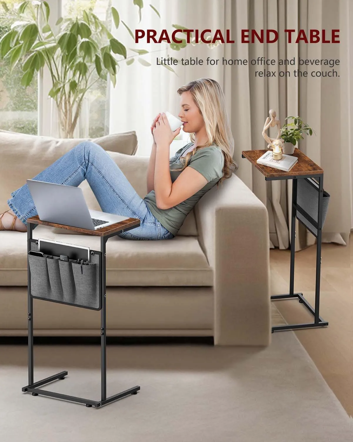 Vantic C Shaped End Table Set of 2, Small Side Table for Couch and Recliner, Slide Under Sofa Tray Desk with Storage Bag for Living Room and Bedroom, Rustic Brown