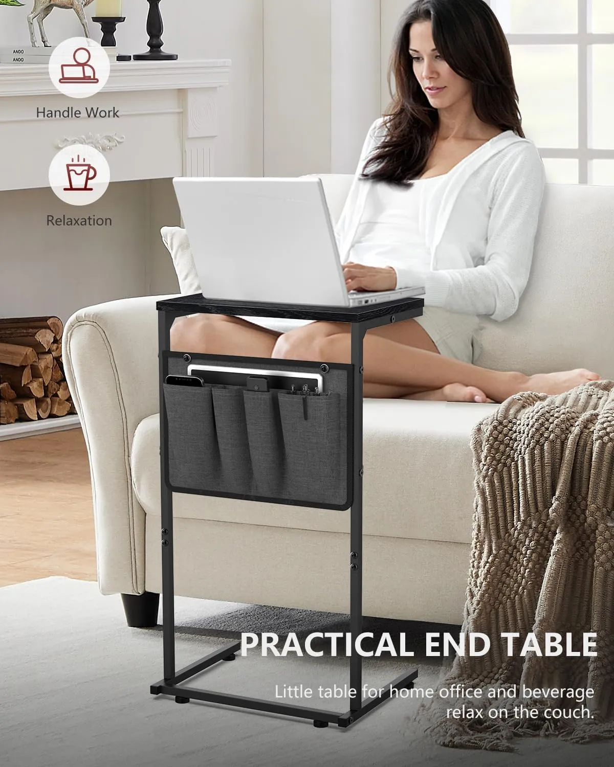 Vantic C Shaped End Table, Small Side Table for Couch and Recliner, Slide Under Sofa Tray Desk with Storage Bag for Living Room and Bedroom, Black