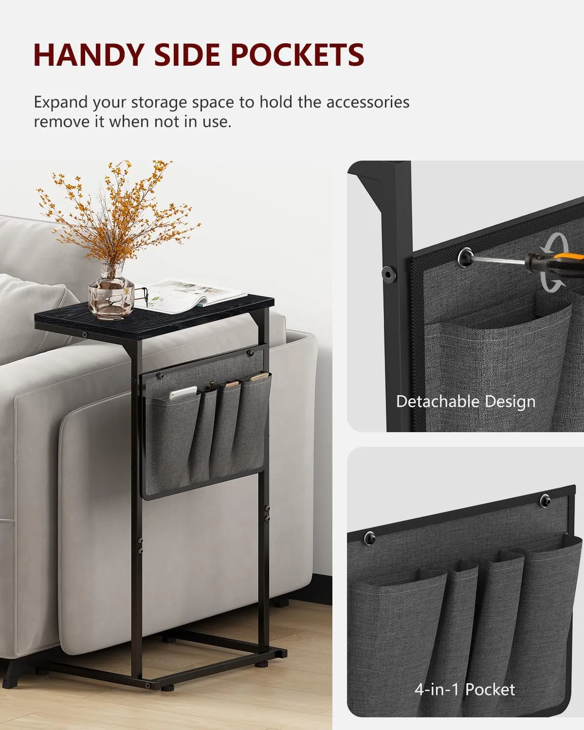 Vantic C Shaped End Table, Small Side Table for Couch and Recliner, Slide Under Sofa Tray Desk with Storage Bag for Living Room and Bedroom, Black