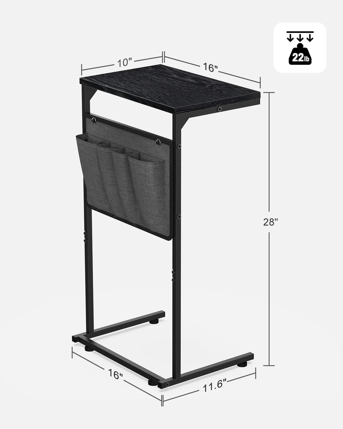 Vantic C Shaped End Table, Small Side Table for Couch and Recliner, Slide Under Sofa Tray Desk with Storage Bag for Living Room and Bedroom, Black