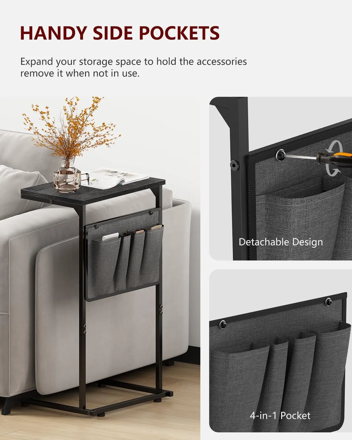 Vantic C Shaped End Table, Small Side Table for Couch and Recliner, Slide Under Sofa Tray Desk with Storage Bag for Living Room and Bedroom, Deep Grey
