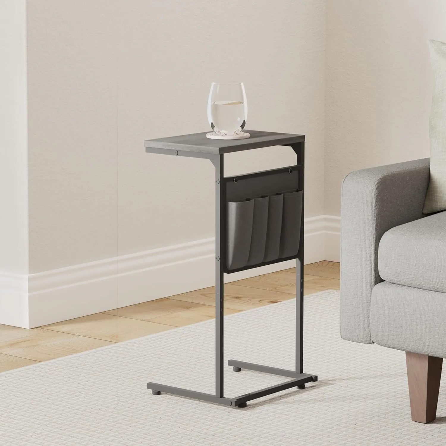 Vantic C Shaped End Table, Small Side Table for Couch and Recliner, Slide Under Sofa Tray Desk with Storage Bag for Living Room and Bedroom, Deep Grey