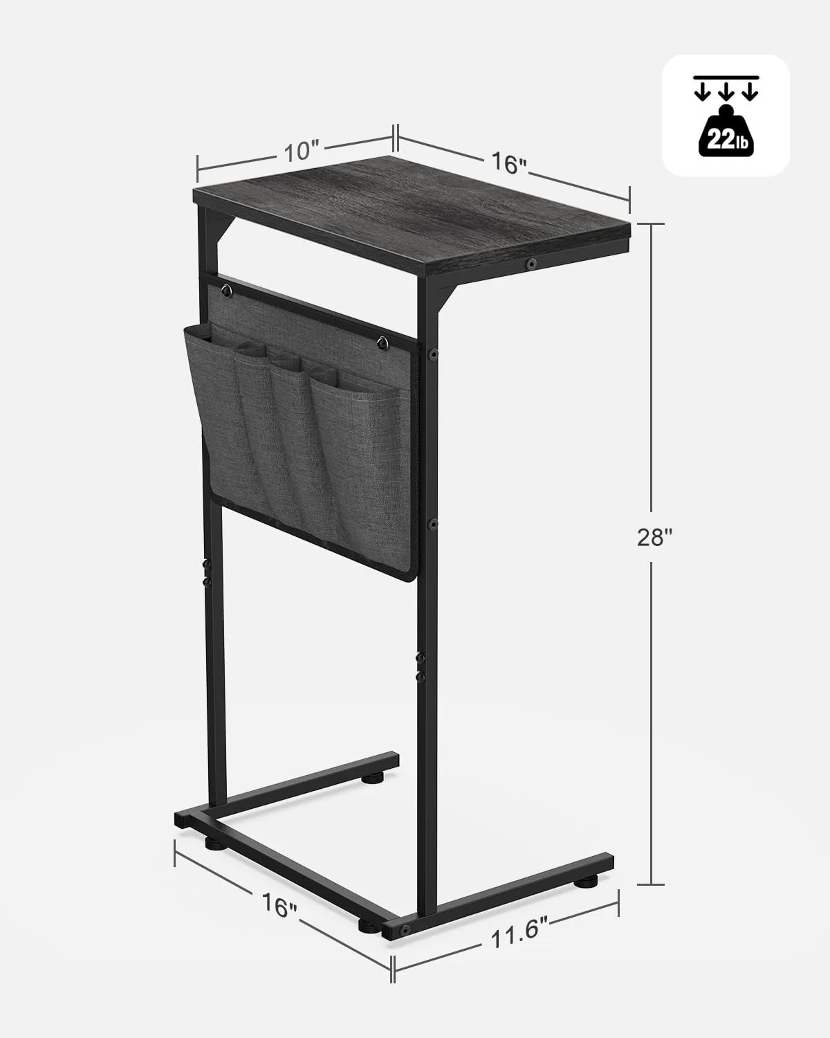 Vantic C Shaped End Table, Small Side Table for Couch and Recliner, Slide Under Sofa Tray Desk with Storage Bag for Living Room and Bedroom, Deep Grey