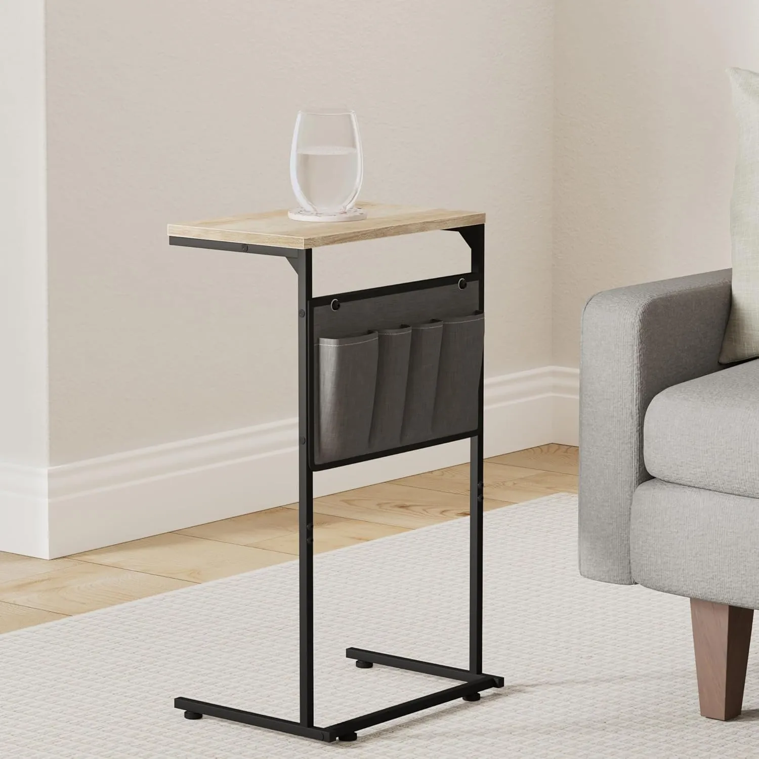 Vantic C Shaped End Table, Small Side Table for Couch and Recliner, Slide Under Sofa Tray Desk with Storage Bag for Living Room and Bedroom, Greige