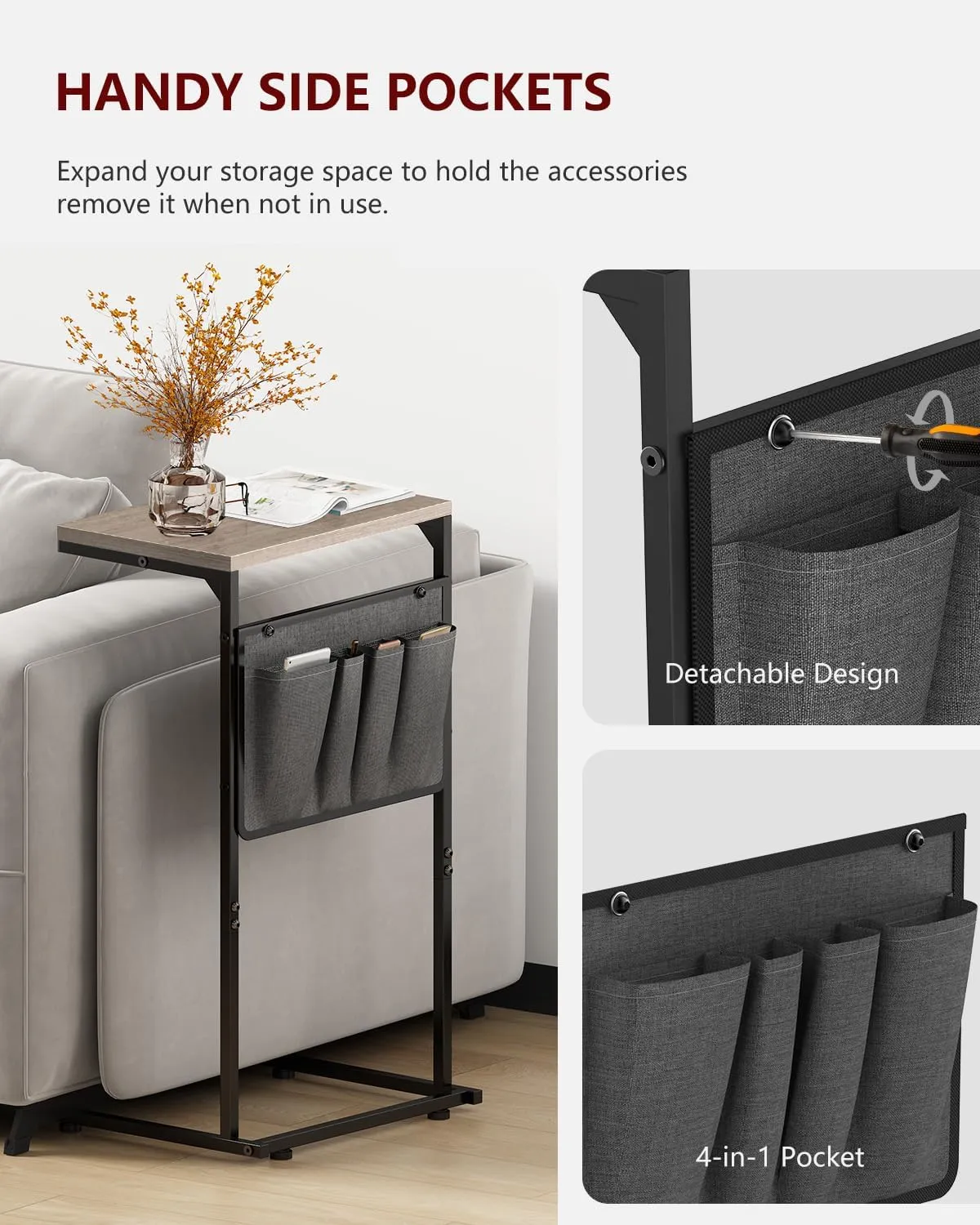 Vantic C Shaped End Table, Small Side Table for Couch and Recliner, Slide Under Sofa Tray Desk with Storage Bag for Living Room and Bedroom, Greige