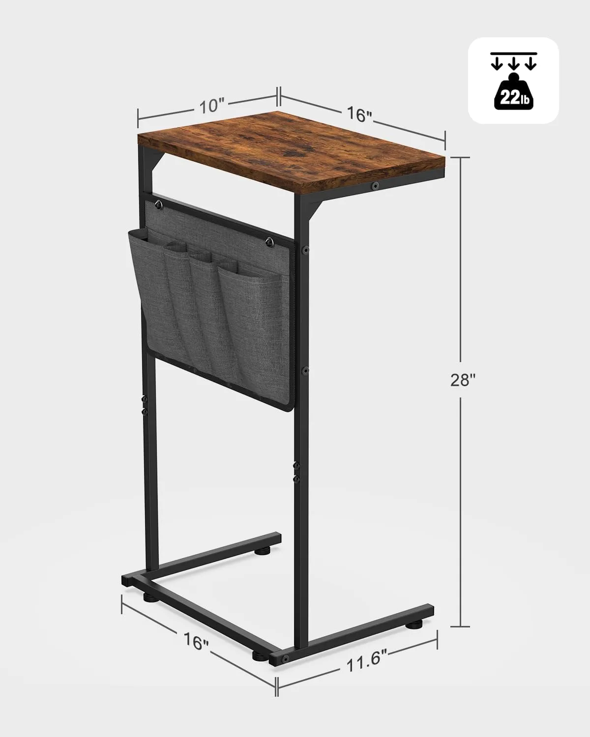 Vantic C Shaped End Table, Small Side Table for Couch and Recliner, Slide Under Sofa Tray Desk with Storage Bag for Living Room and Bedroom, Rustic Brown