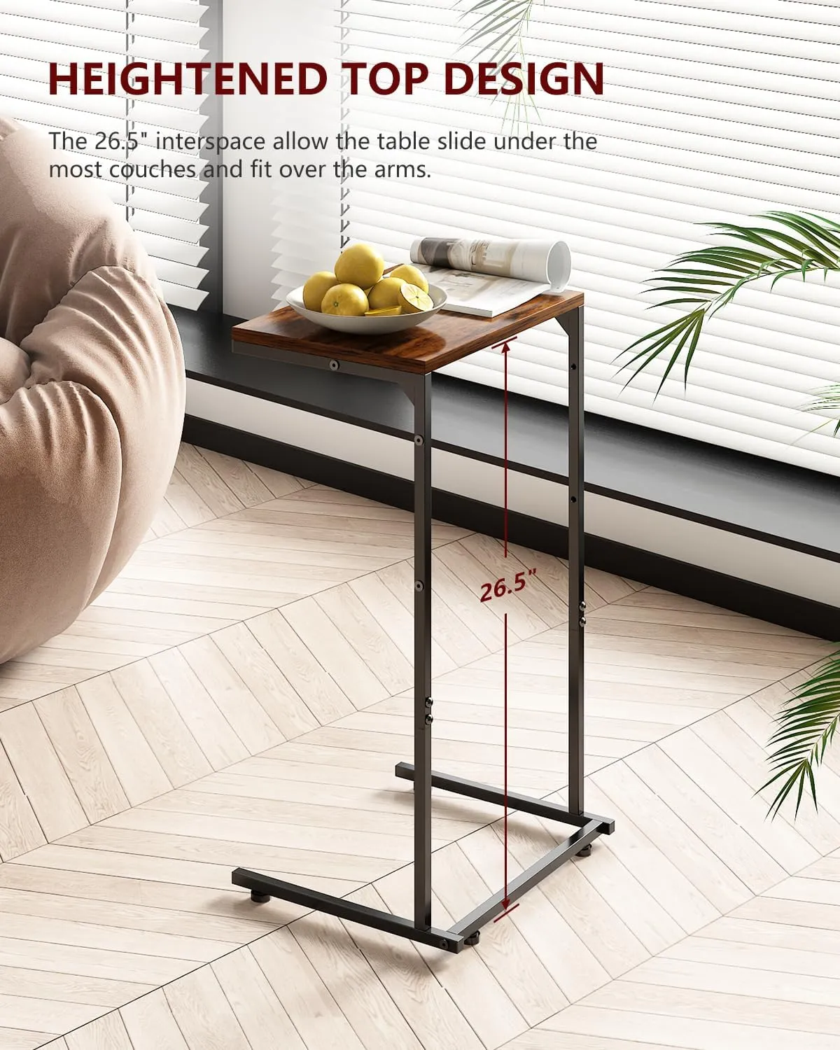 Vantic C Shaped End Table, Small Side Table for Couch and Recliner, Slide Under Sofa Tray Desk with Storage Bag for Living Room and Bedroom, Rustic Brown