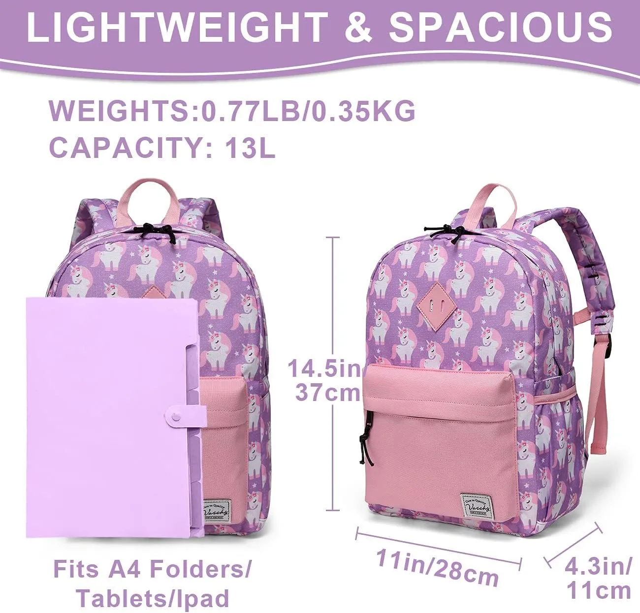 VASCHY Backpack for Little Girls, Preschool Backpacks for kindergarten with Chest Strap Pink Unicorn