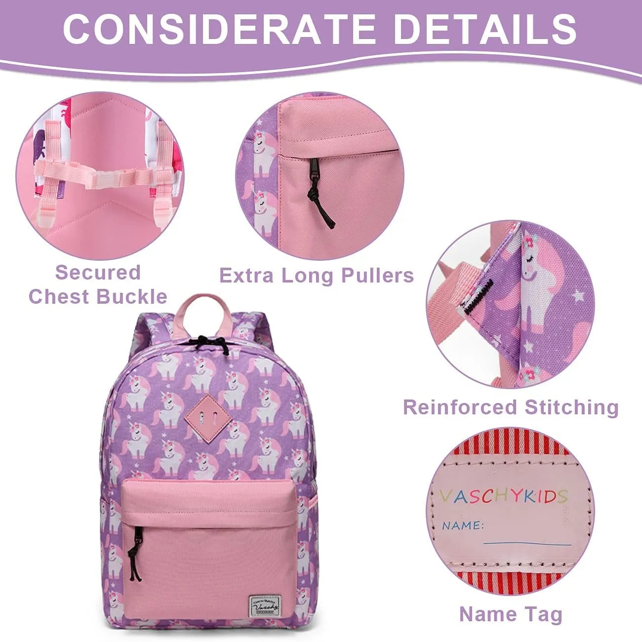 VASCHY Backpack for Little Girls, Preschool Backpacks for kindergarten with Chest Strap Pink Unicorn