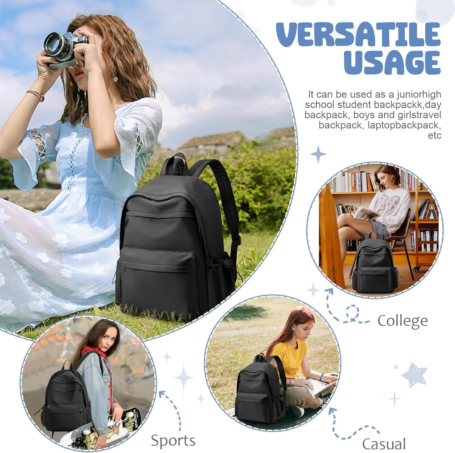 VECAVE School Backpack College High School Bags backpack for Boys Girls Teens Waterproof Bookbag Casual Lightweight Travel Rucksack Daypack Backpacks for Men Women Black