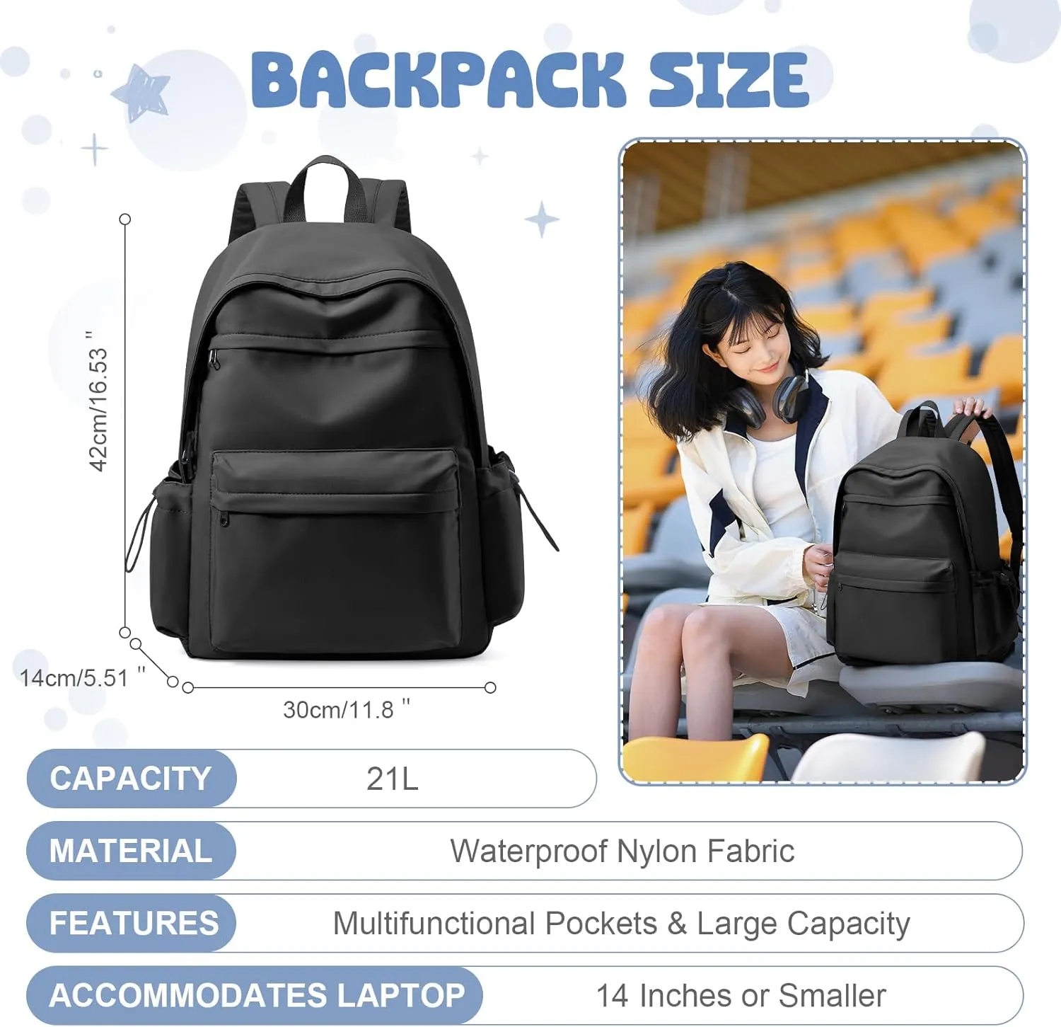 VECAVE School Backpack College High School Bags backpack for Boys Girls Teens Waterproof Bookbag Casual Lightweight Travel Rucksack Daypack Backpacks for Men Women Black