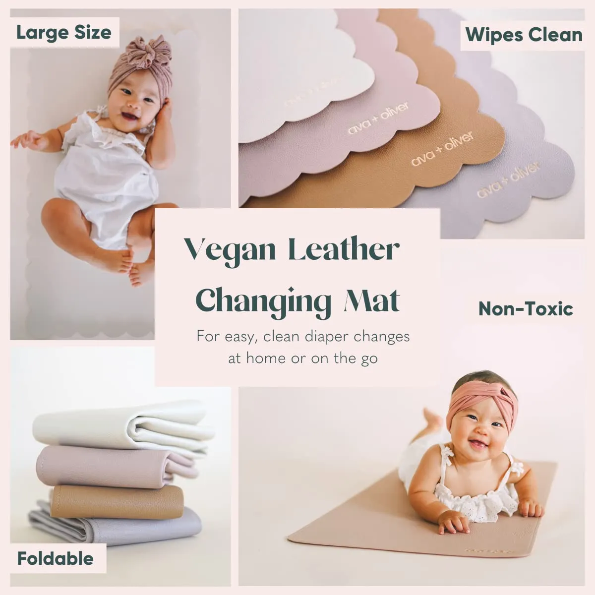 Vegan Leather Baby Changing Mat (16 X 30 in) - Multipurpose Wipeable and Portable Diaper Mat - Foldable Travel Changing Pad (Pink Scallop)
