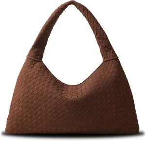 Vegan Leather Woven Tote, Vintage Suede Hobo, Suede Woven Purse, Large Leather Shoulder Bag Braided Hobo