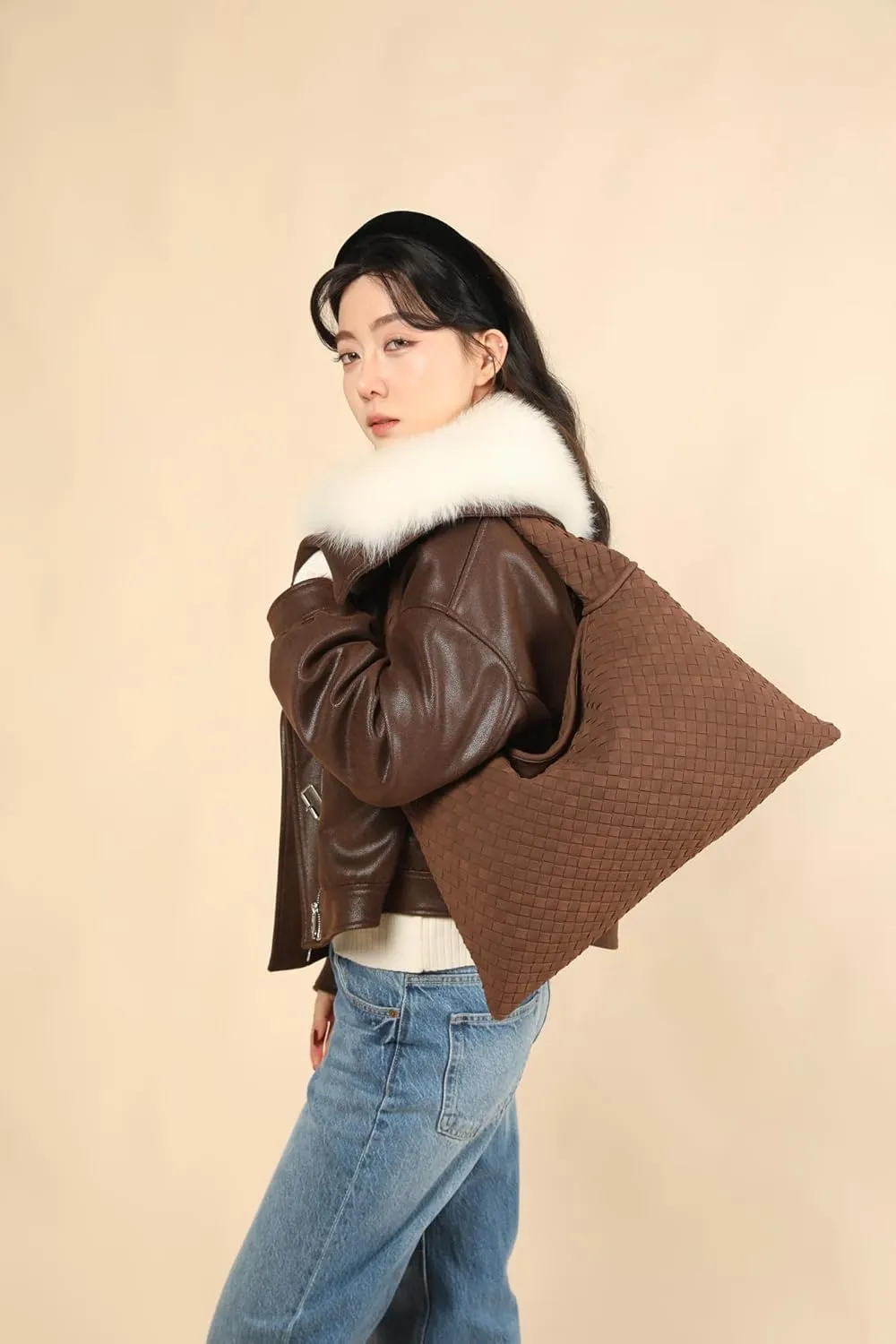 Vegan Leather Woven Tote, Vintage Suede Hobo, Suede Woven Purse, Large Leather Shoulder Bag Braided Hobo