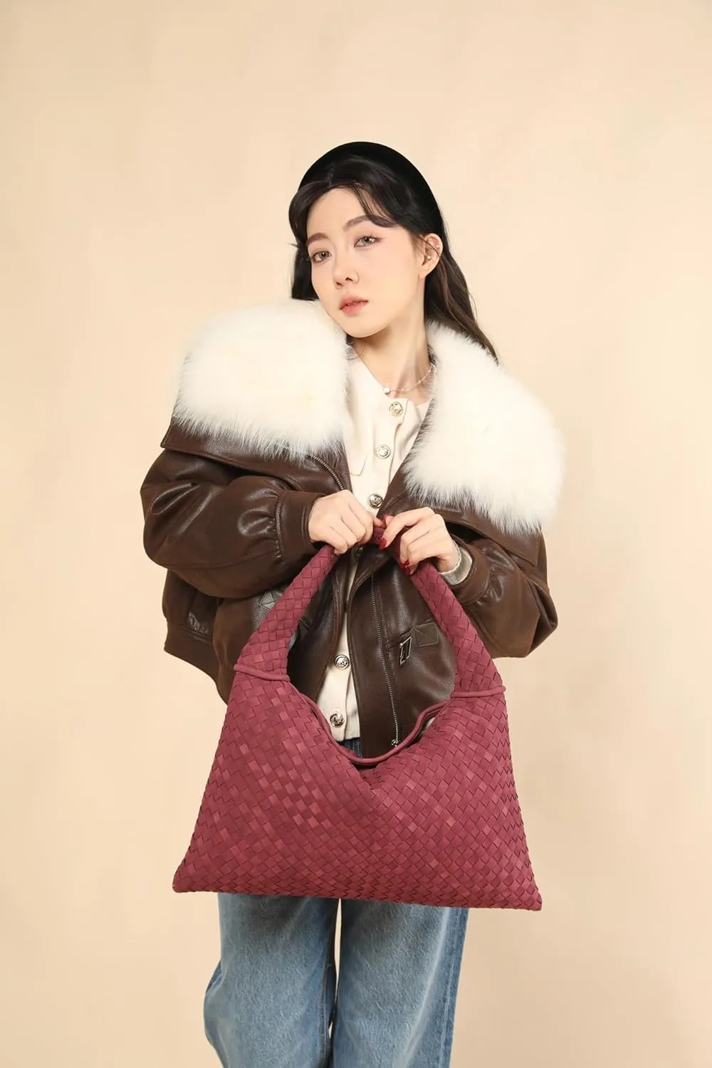 Vegan Leather Woven Tote, Vintage Suede Hobo, Suede Woven Purse, Large Leather Shoulder Bag Braided Hobo