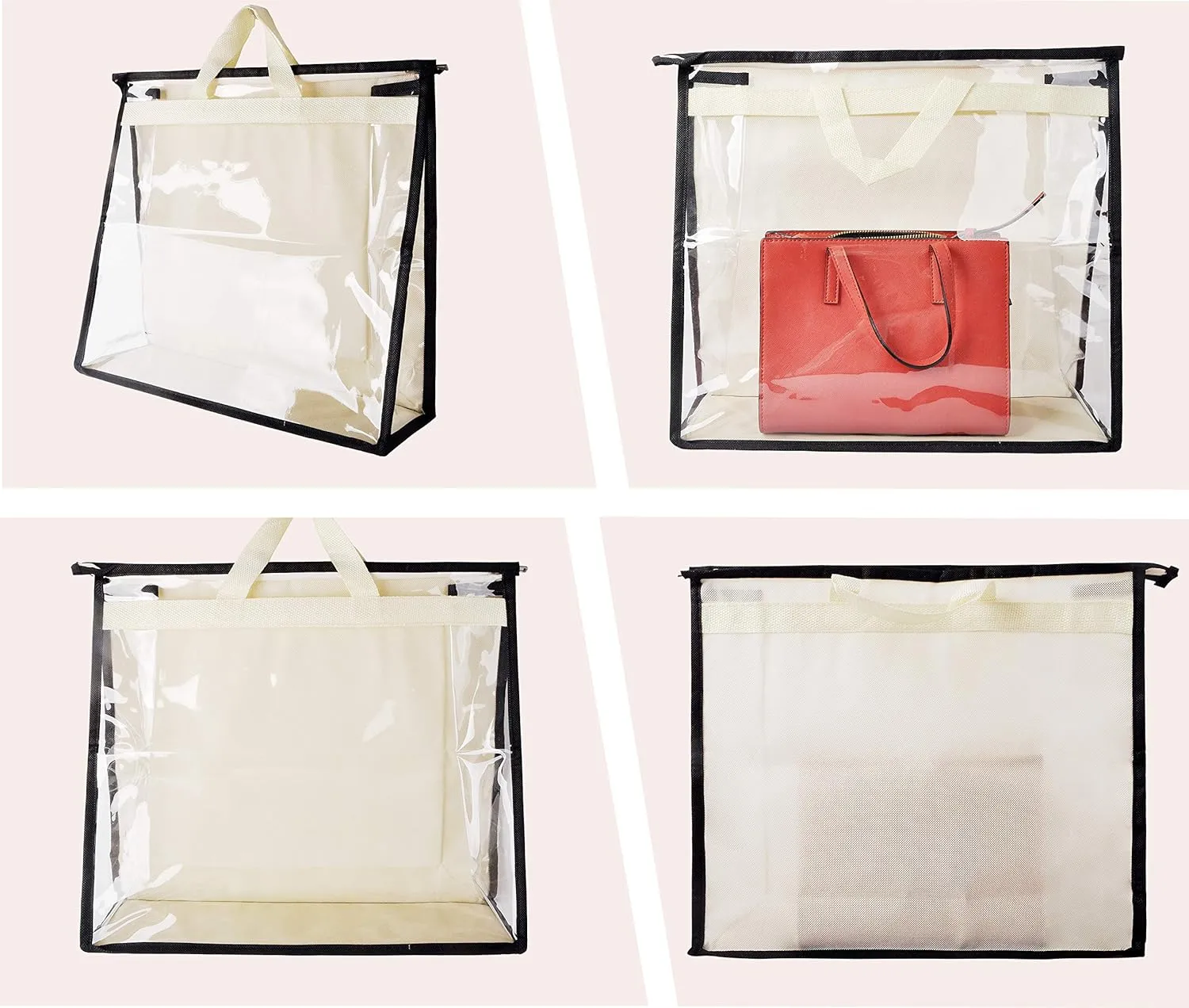 Vercord Clear PVC Handbag Dust-Free Cover Moistureproof Purse Storage Bag Organizer with Handle Zipper Space-Save Holder for Closet Beige XXL