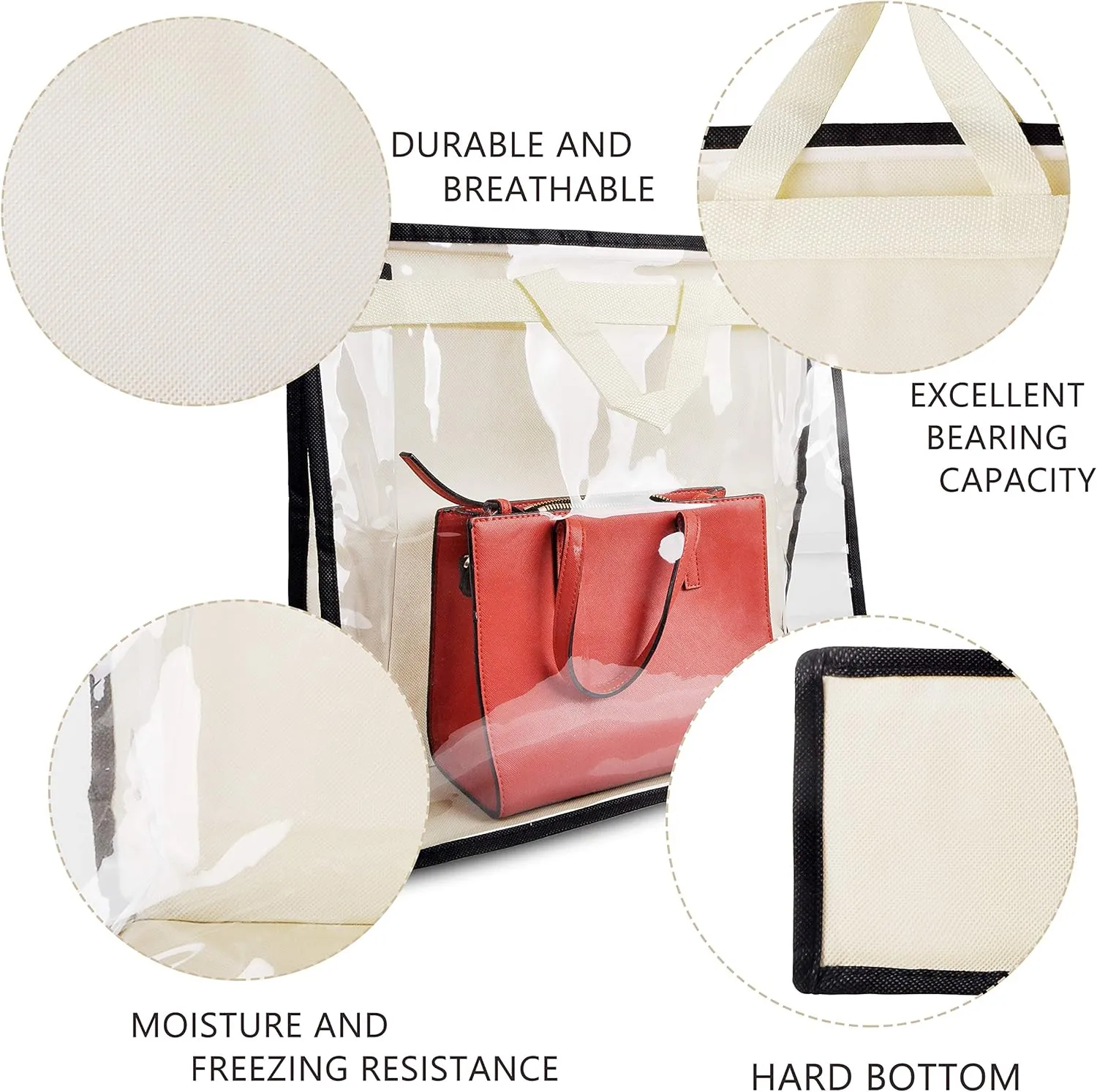 Vercord Clear PVC Handbag Dust-Free Cover Moistureproof Purse Storage Bag Organizer with Handle Zipper Space-Save Holder for Closet Beige XXL