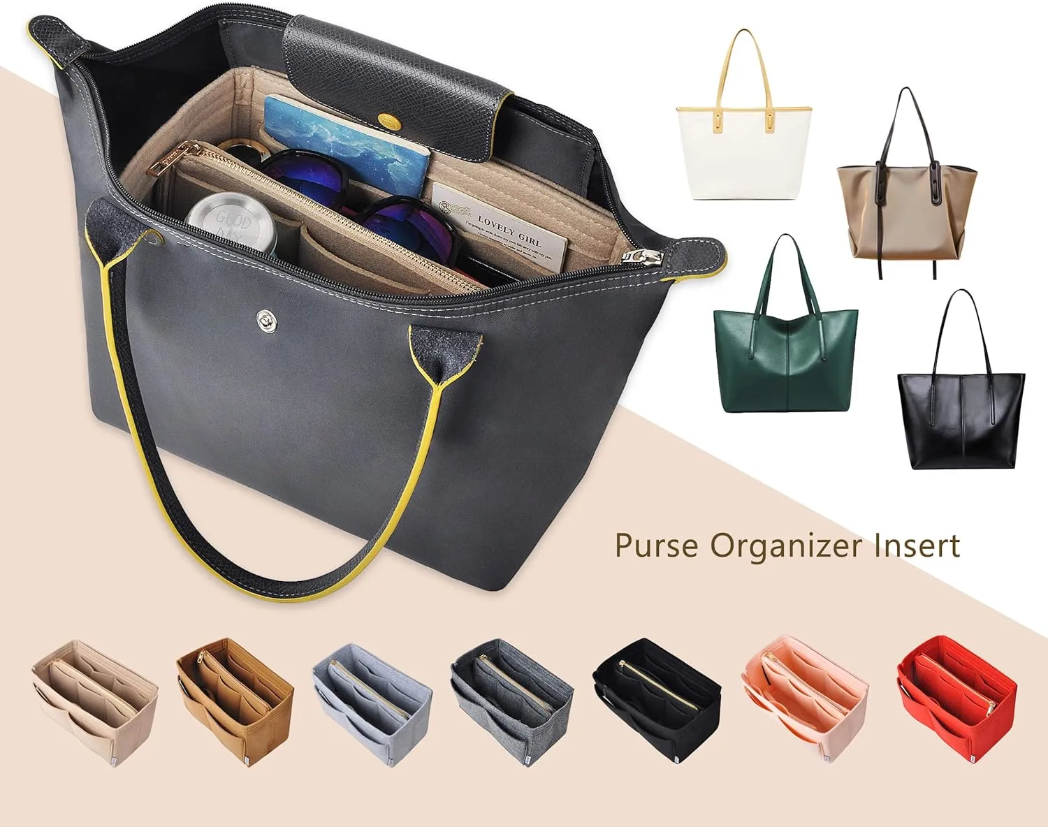 Vercord Felt Organizer Insert for Purse Handbag Tote Bag in Bag Inside Shaper Divider Neo Beige Xlarge