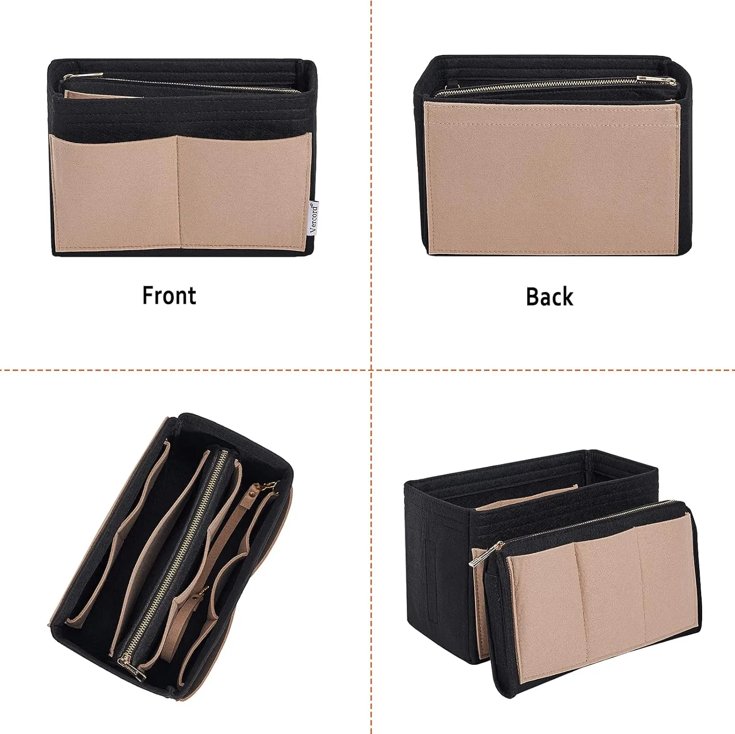 Vercord Felt Organizer Insert For Purse Handbag Tote Bag In Bag Inside Shaper Divider Neo Black & Beige Large