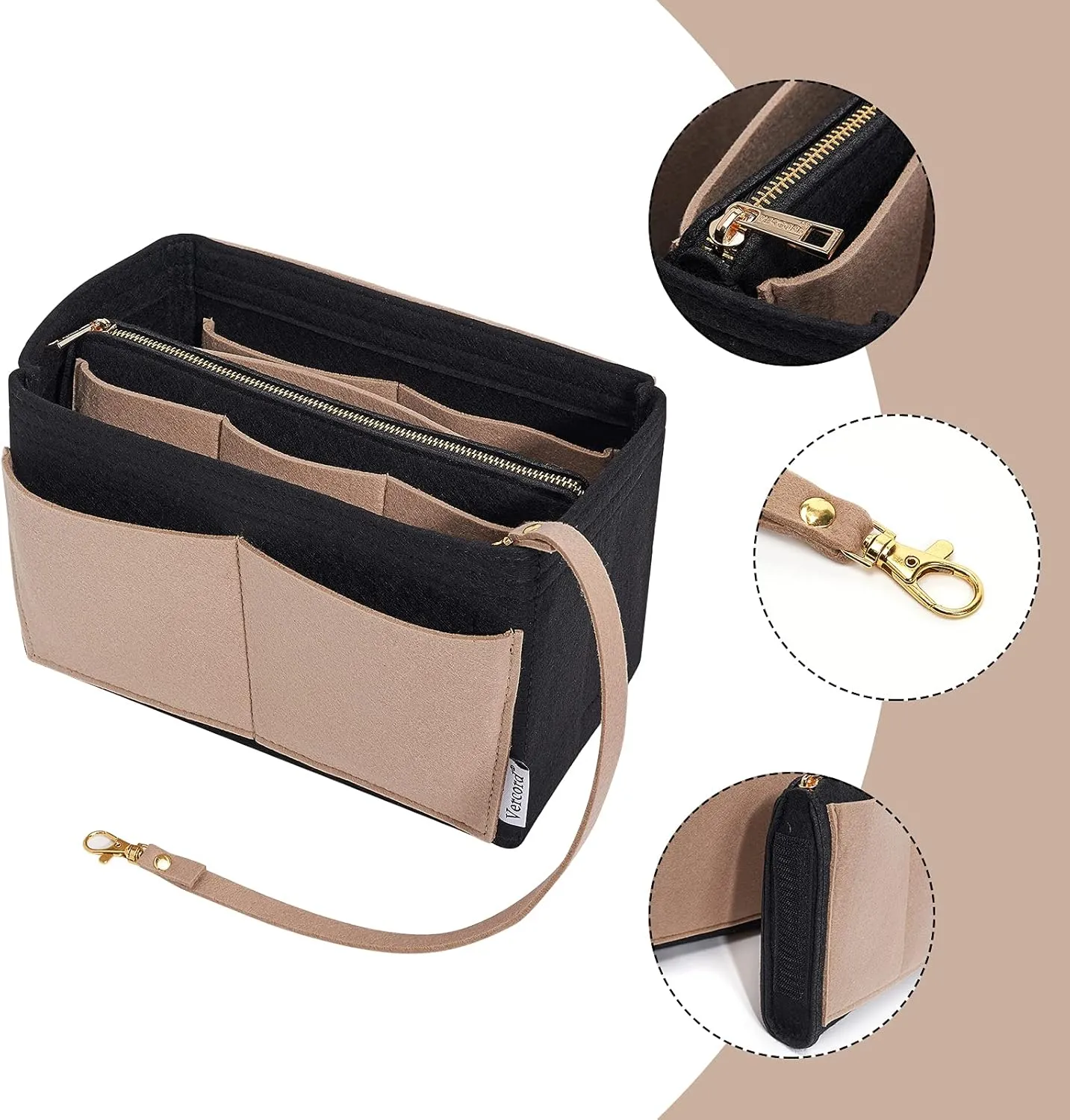 Vercord Felt Organizer Insert For Purse Handbag Tote Bag In Bag Inside Shaper Divider Neo Black & Beige Large