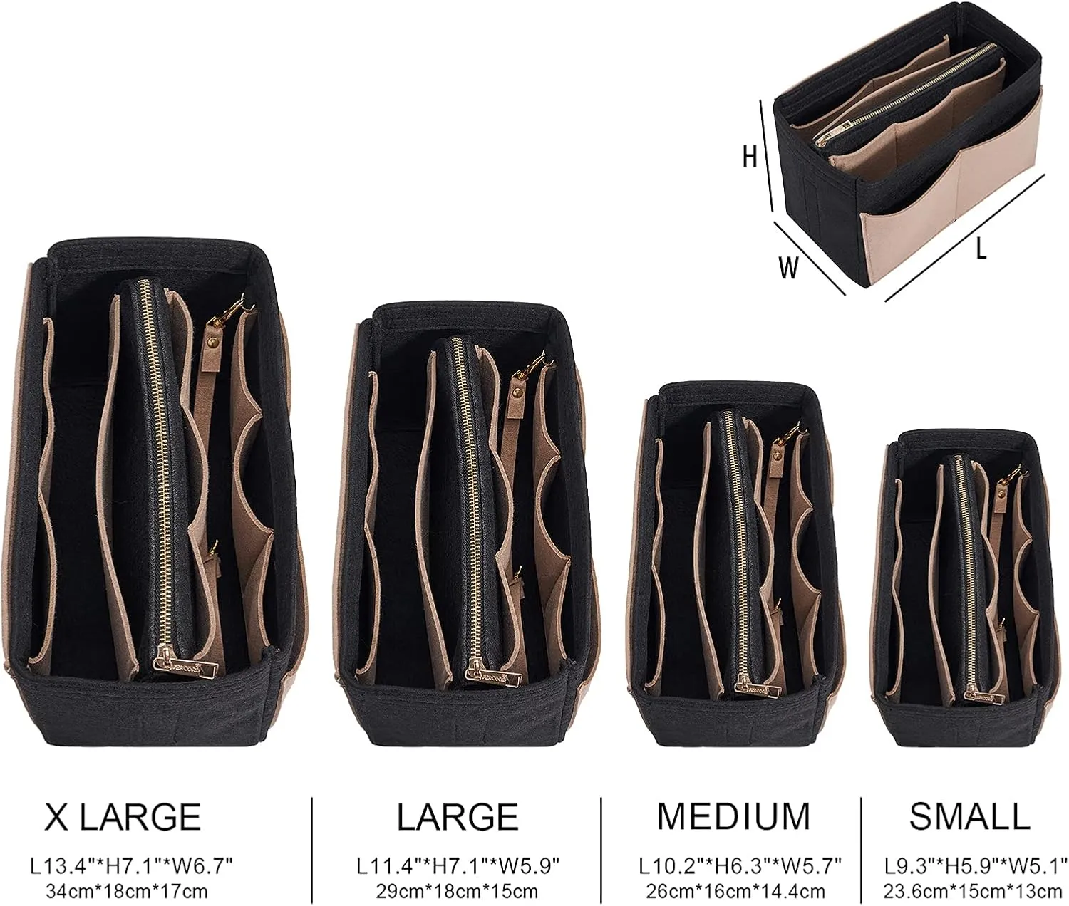 Vercord Felt Organizer Insert For Purse Handbag Tote Bag In Bag Inside Shaper Divider Neo Black & Beige Large