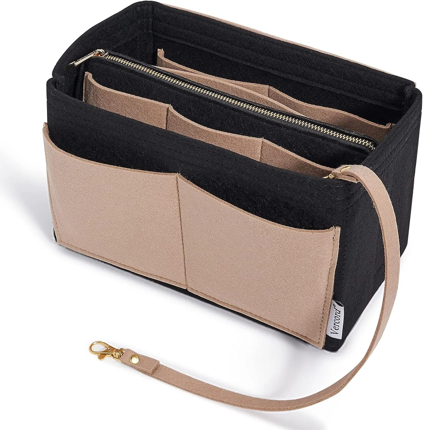 Vercord Felt Organizer Insert For Purse Handbag Tote Bag In Bag Inside Shaper Divider Neo Black & Beige Large