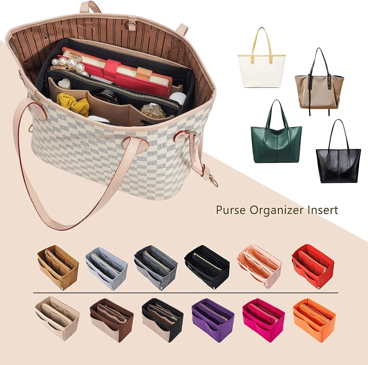 Vercord Felt Organizer Insert For Purse Handbag Tote Bag In Bag Inside Shaper Divider Neo Black & Beige Large