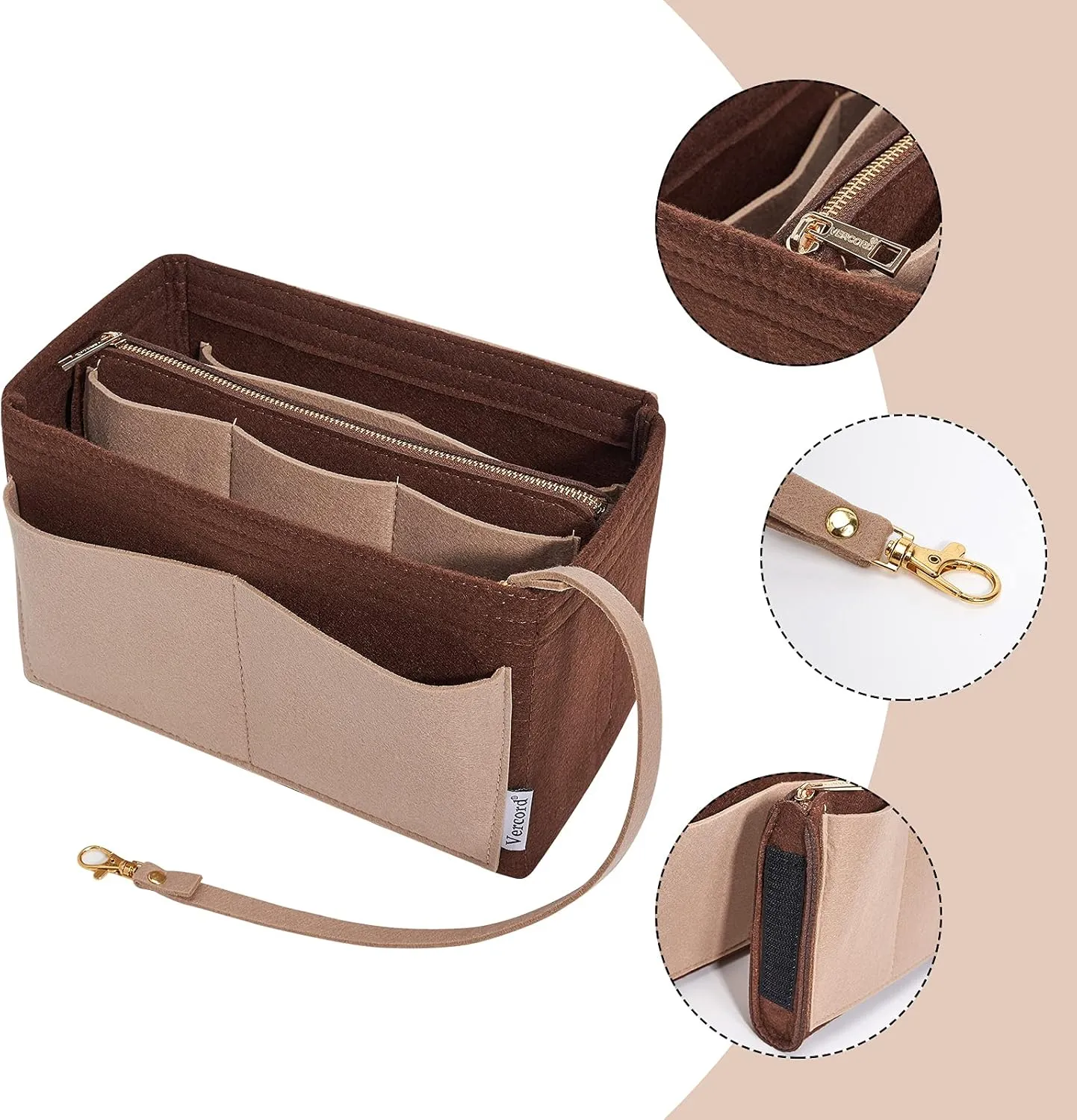 Vercord Felt Organizer Insert For Purse Handbag Tote Bag In Bag Inside Shaper Divider Neo Coffee & Beige Medium