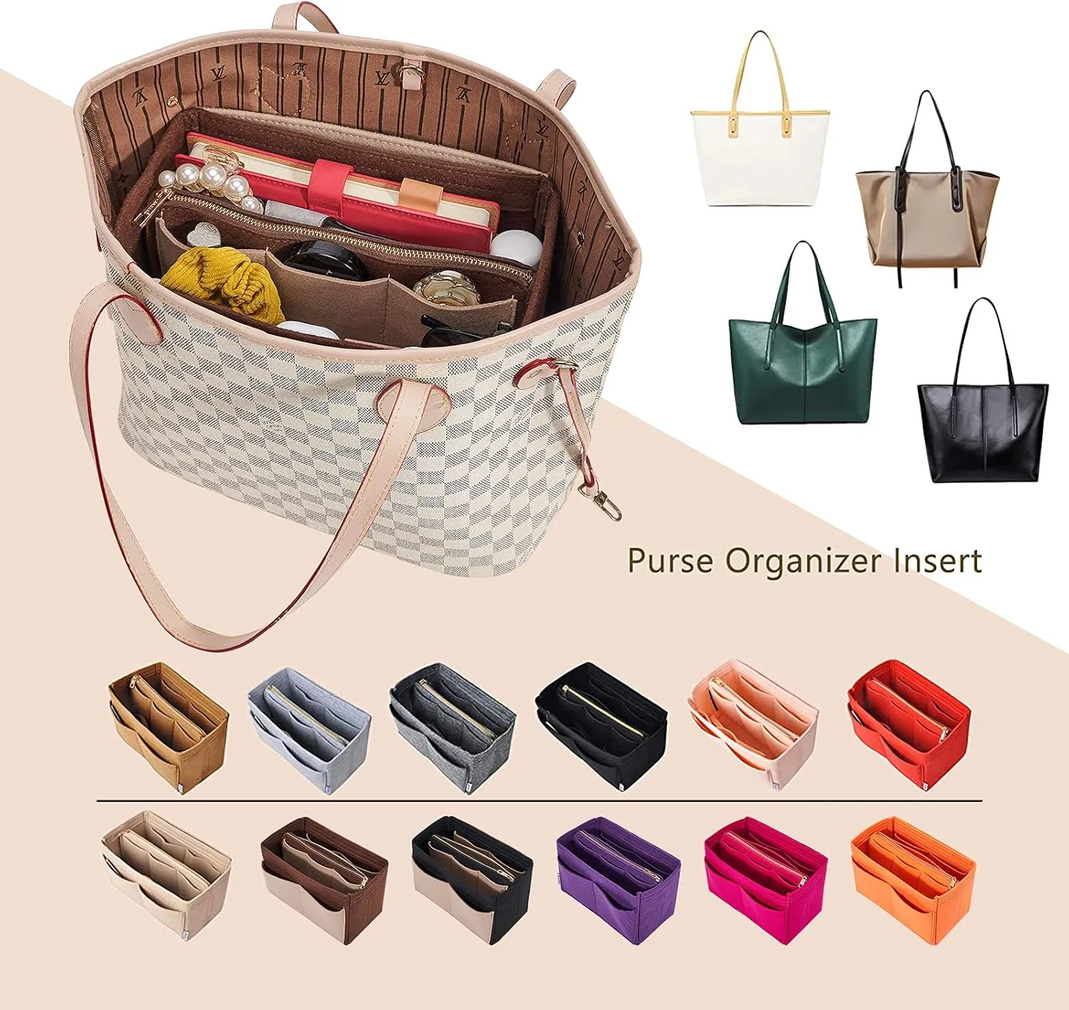 Vercord Felt Organizer Insert For Purse Handbag Tote Bag In Bag Inside Shaper Divider Neo Coffee & Beige Medium