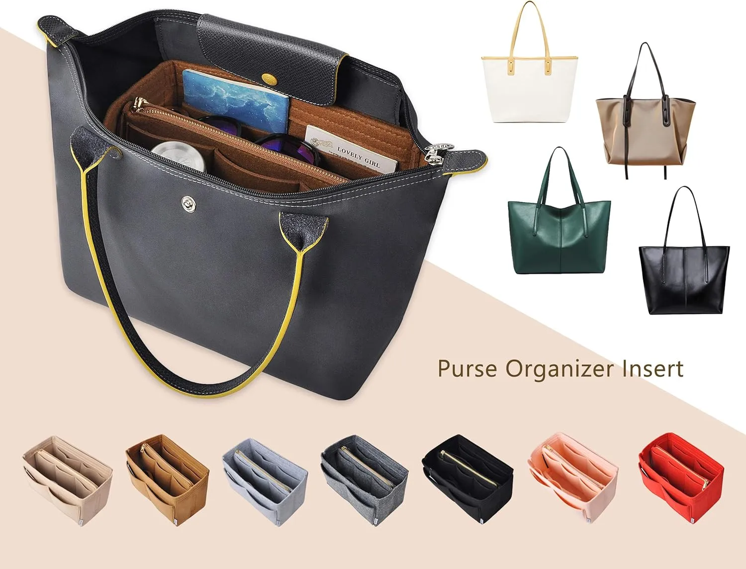 Vercord Felt Organizer Insert For Purse Handbag Tote Bag In Bag Inside Shaper Divider Neo Coffee Medium