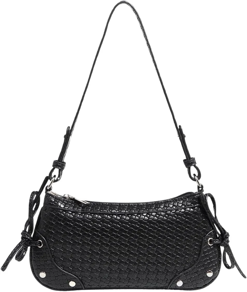 Verdusa Women's Vintage Woven PU Leather Handbags Top Handle Studded Underarm Shoulder Bag