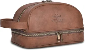 Vetell Classic Leather Men's Travel Toiletry Bag and Dopp Kit with Upper and Lower Zippered Compartments, 2 Mesh Bottle Pouches and Carrying Handle