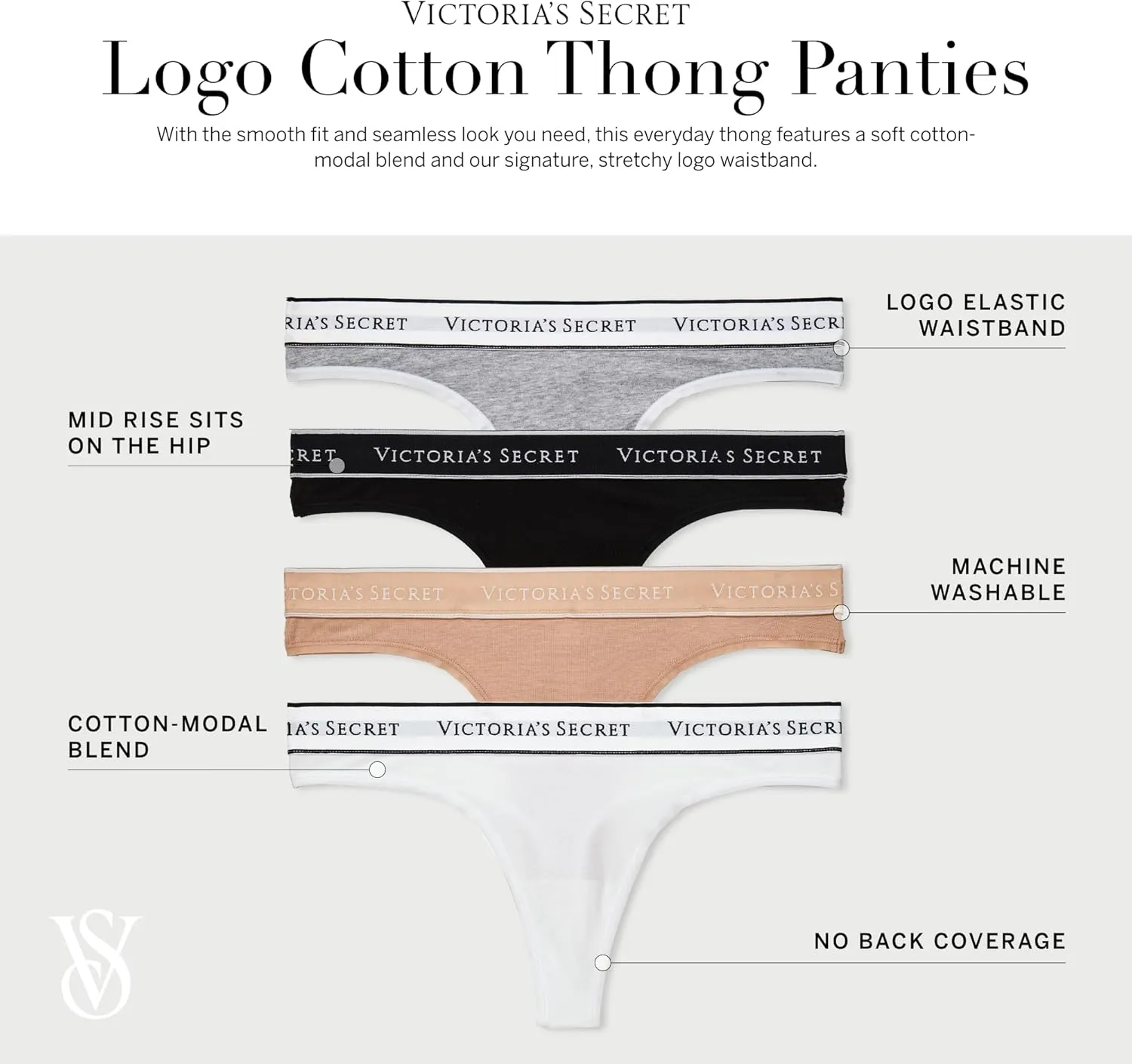 Victoria's Secret Women's Cotton Logo Thong Underwear, Panties for Women, Multi Pack (XS-XXL)