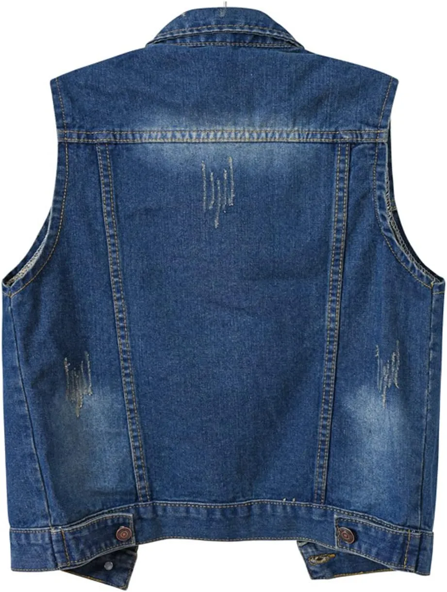 VIEWON Women's Casual Denim Waistcoat Frayed Sleeveless Ripped Jacket Vest with Pockets
