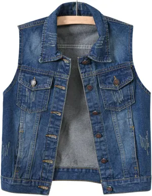 VIEWON Women's Casual Denim Waistcoat Frayed Sleeveless Ripped Jacket Vest with Pockets