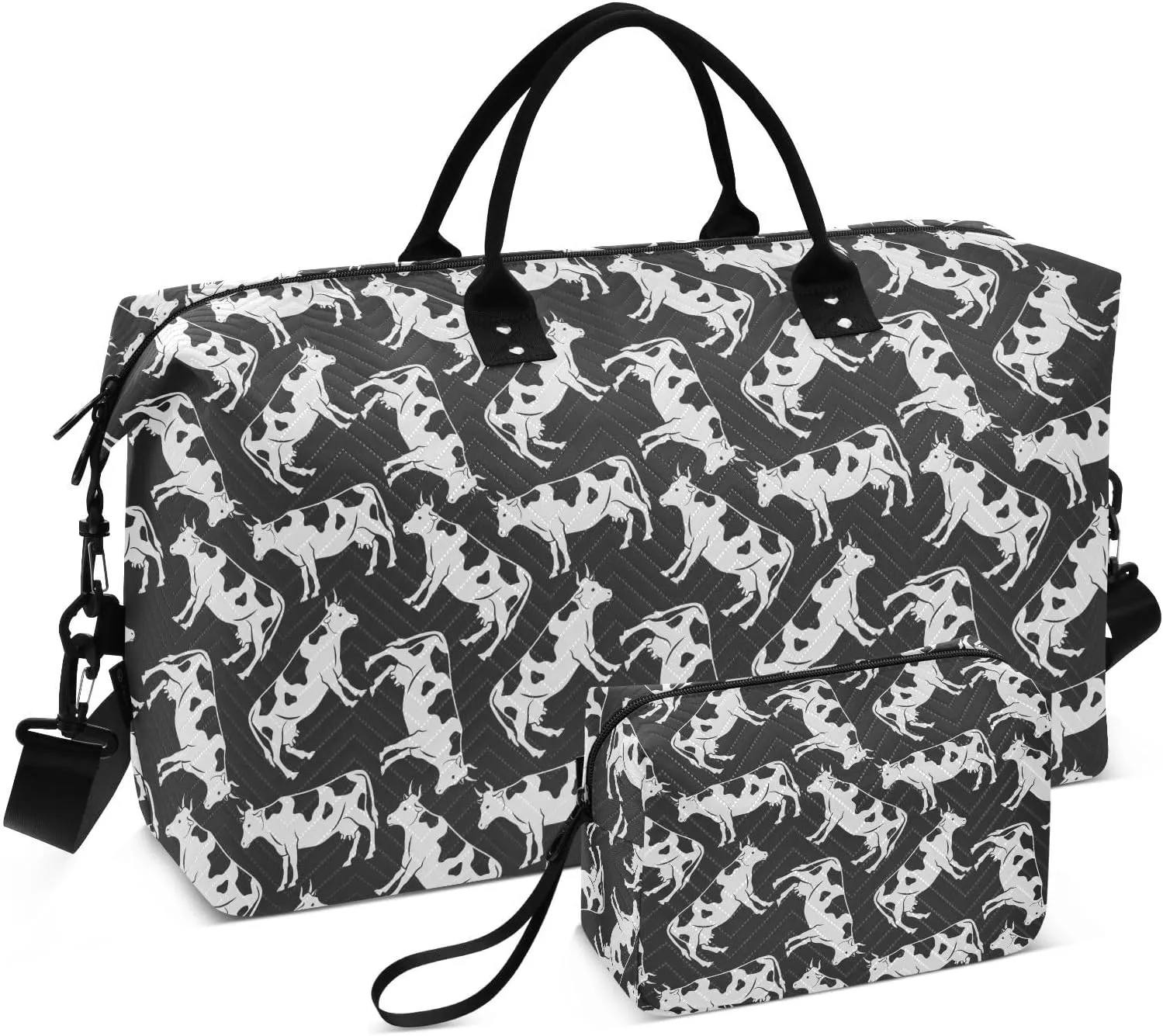 VIGTRO Travel Duffel Bag Weekender Overnight Bag with Toiletry Bag Black and White Cattle Pattern Printed, Carry On Luggage Bag for Hospital Gym Travel Business, 2 Pcs Set