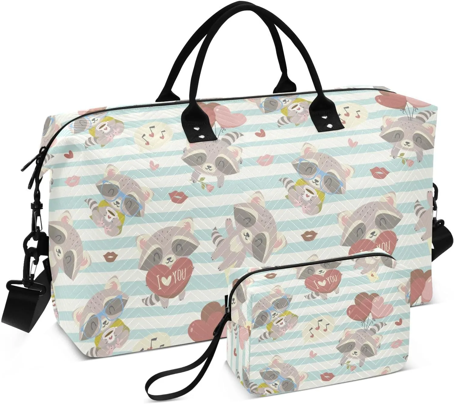 VIGTRO Travel Duffel Bag Weekender Overnight Bag with Toiletry Bag Cartoon Raccoon Printed, Carry On Luggage Bag Valentine's Day for Hospital Gym Travel Business, 2 Pcs Set