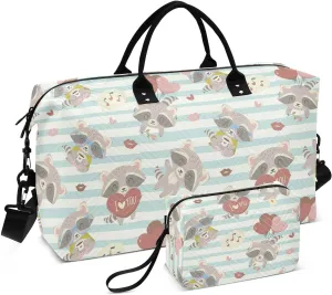 VIGTRO Travel Duffel Bag Weekender Overnight Bag with Toiletry Bag Cartoon Raccoon Printed, Carry On Luggage Bag Valentine's Day for Hospital Gym Travel Business, 2 Pcs Set