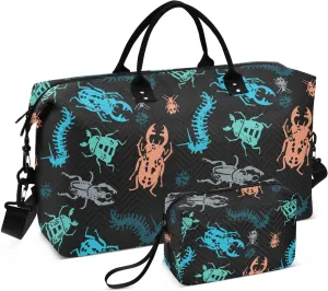 VIGTRO Travel Duffel Bag Weekender Overnight Bag with Toiletry Bag Cool Colorful Beetle Pattern Printed, Carry On Luggage Bag for Hospital Gym Travel Business, 2 Pcs Set