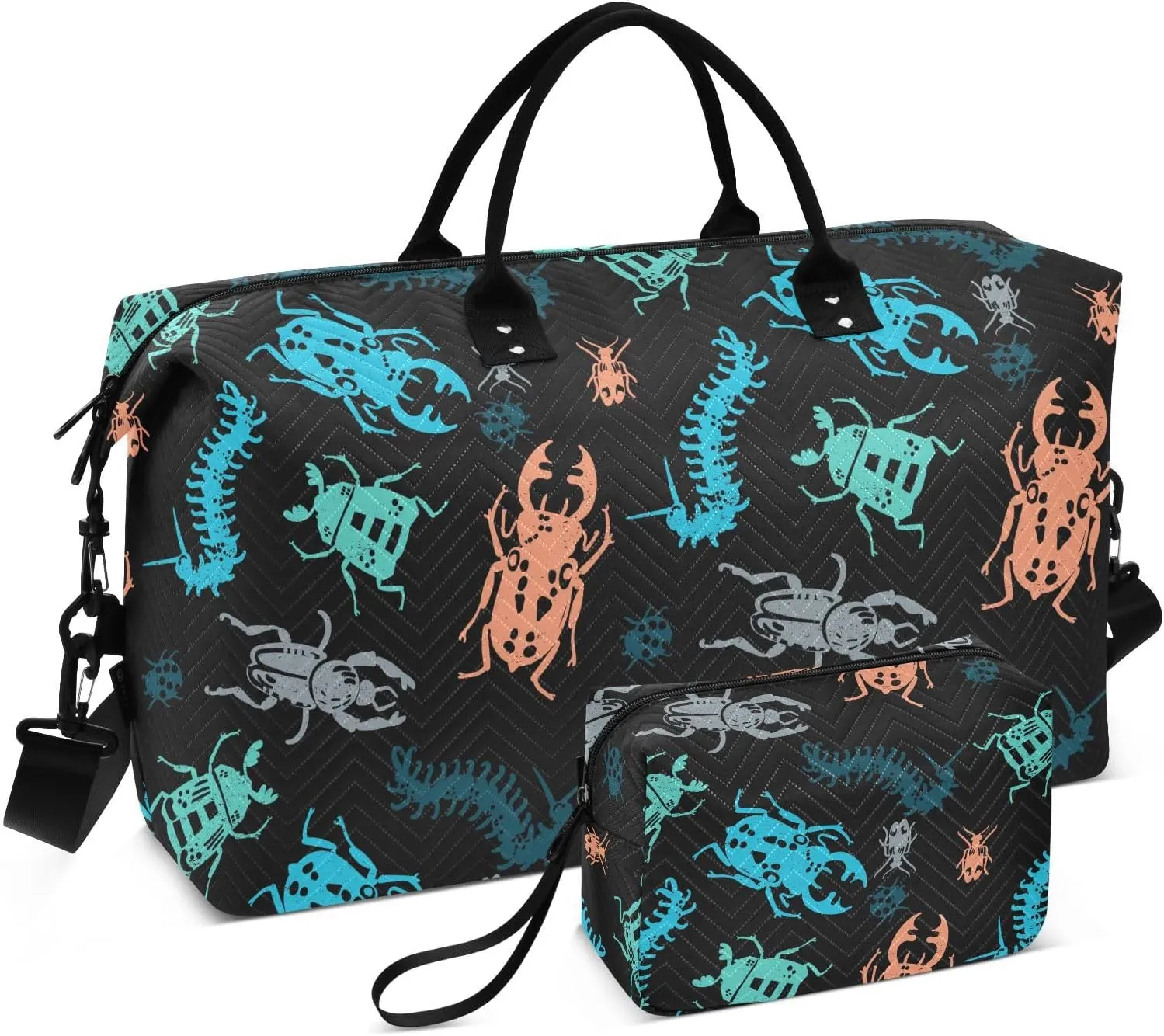 VIGTRO Travel Duffel Bag Weekender Overnight Bag with Toiletry Bag Cool Colorful Beetle Pattern Printed, Carry On Luggage Bag for Hospital Gym Travel Business, 2 Pcs Set